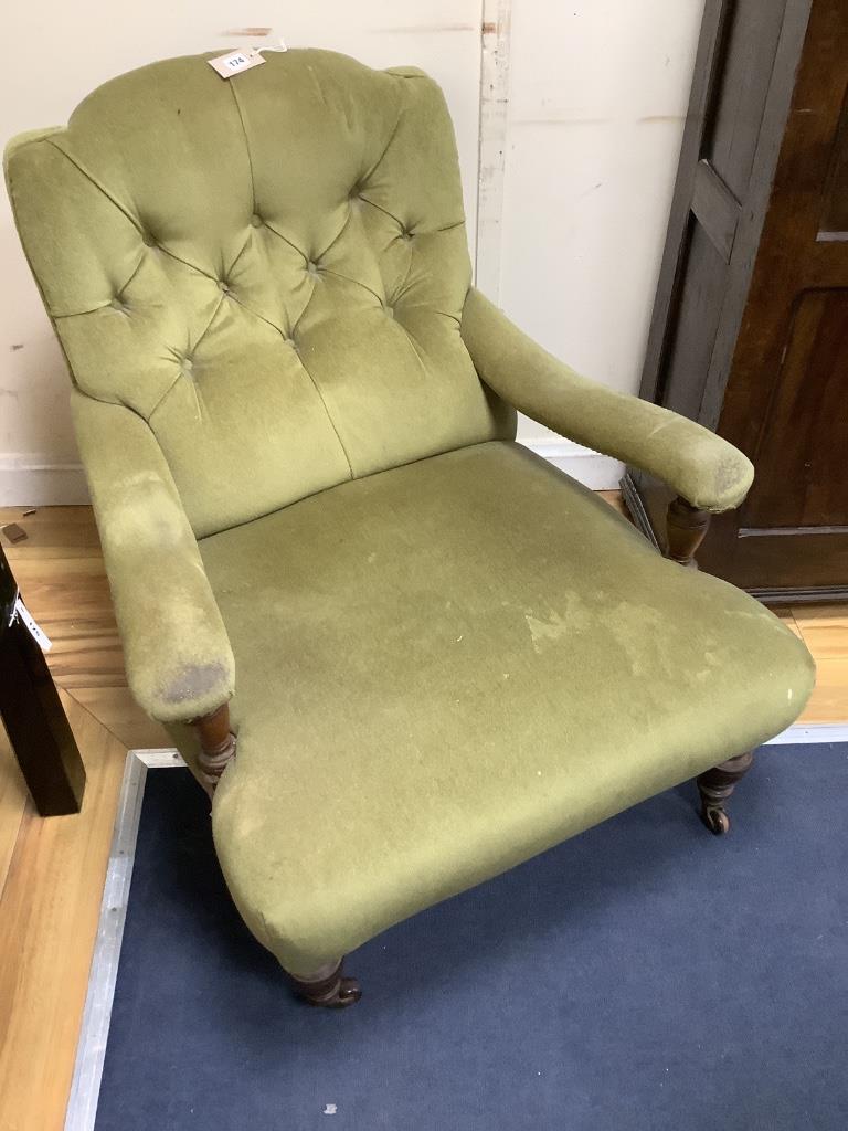 A late Victorian mahogany open armchair, width 77cm, depth 90cm, height 80cm